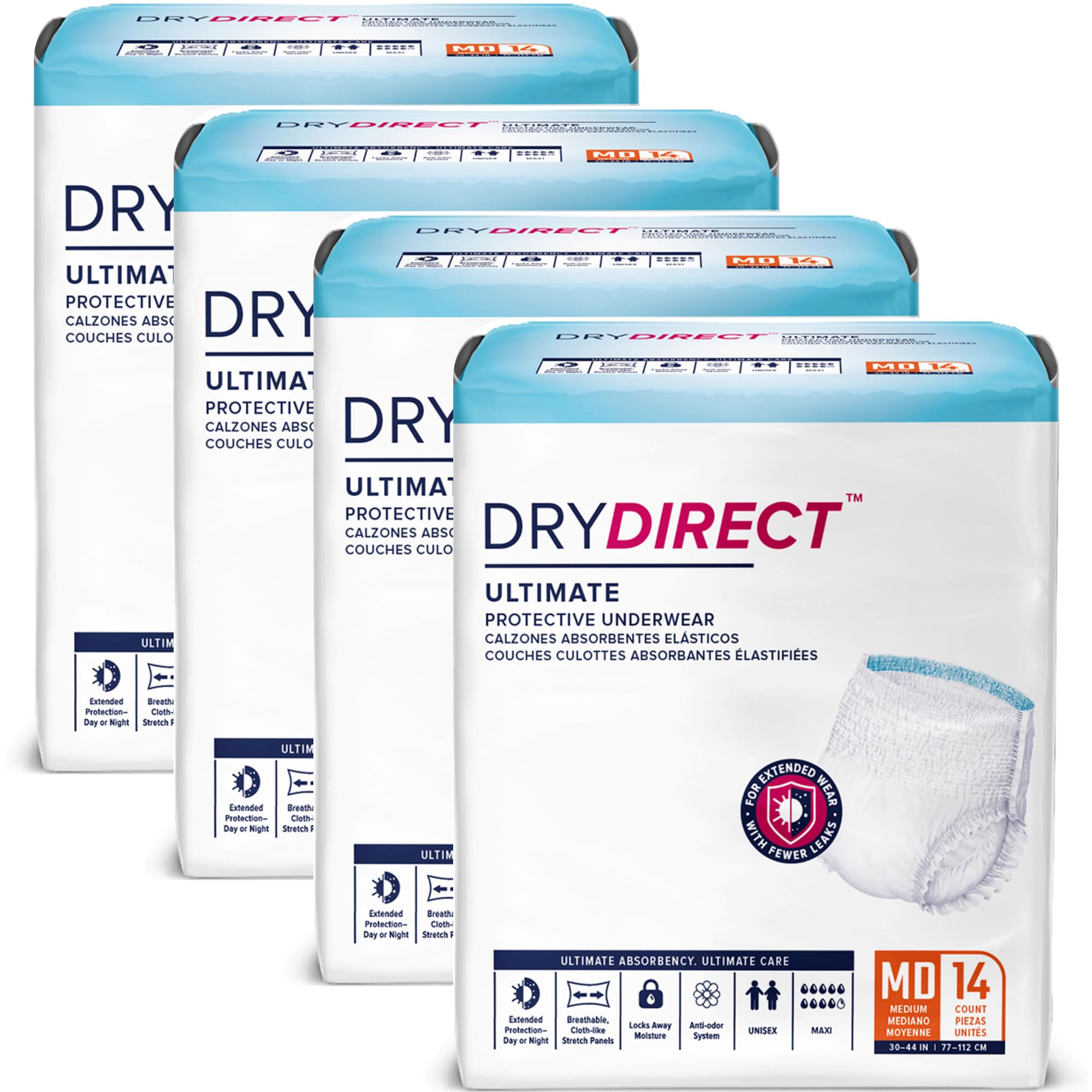 Dry Direct Ultimate Protective Underwear, Soft Cloth-Like Adult Diapers, Max Absorbency Disposable Incontinence Protection - Medium (Case of 56)