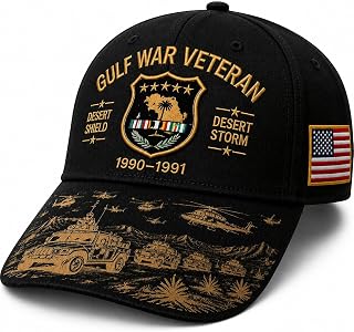 Gulf War Veteran Cap Desert Shield Desert Storm 1990 1991 Hat | Comfortable Cotton Twill With Adjustable Fit Curved Brim Side Flag Detail And Desert Inspired Visor Artwork