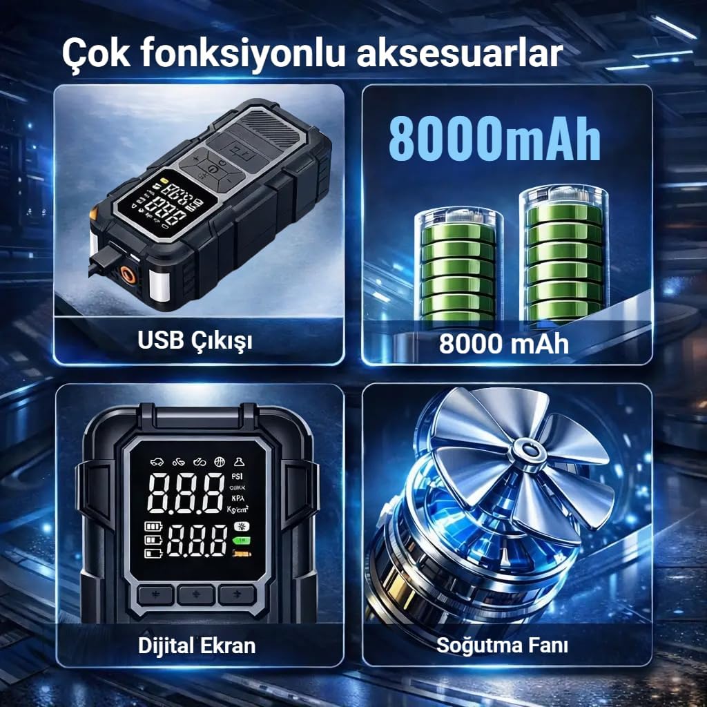 Detailed view of the Merwish 8000mAh Portable Jump Starter and Tire Inflator Compressor with dimensions