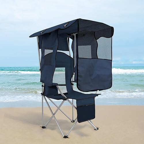 Miniatura 9 de ptlsy Silla plegable de camping con toldo, silla de playa con toldo y portavasos, bolsa enfriadora para acampar, pesca, playa, deportes y conciertos