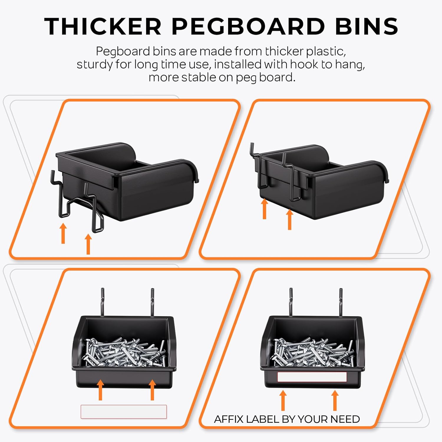 INCLY 220PCS Extra Thick 1/4" Pegboard Accessories Organizer Kit, Heavy Duty Black Pegboard Hooks with Bins and Peg Lock, Peg Board Hooks Assortment for Garage Wall Attachments Hanging Tools - Image 5