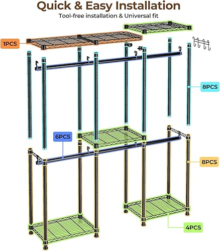 Miniatura 8 de Perchero portátil resistente para armario, perchero de ropa independiente para colgar ropa, perchero ajustable con 4 barras para colgar y estantes,
