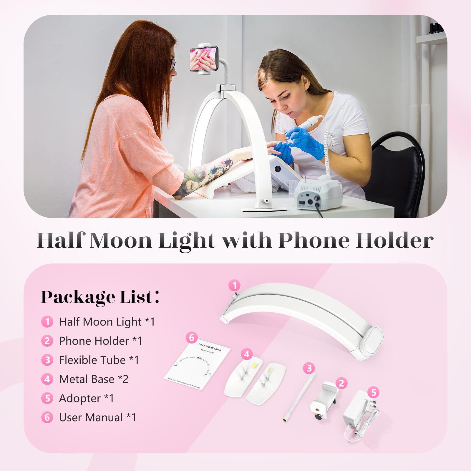 Media Luna Lámpara para Uñas: 23" Lampara Media Luna con Soporte para Teléfono - 3 Modos de Color y 10 Niveles de Brillo Ajustables para Manicura (Blanco, Pequeño)