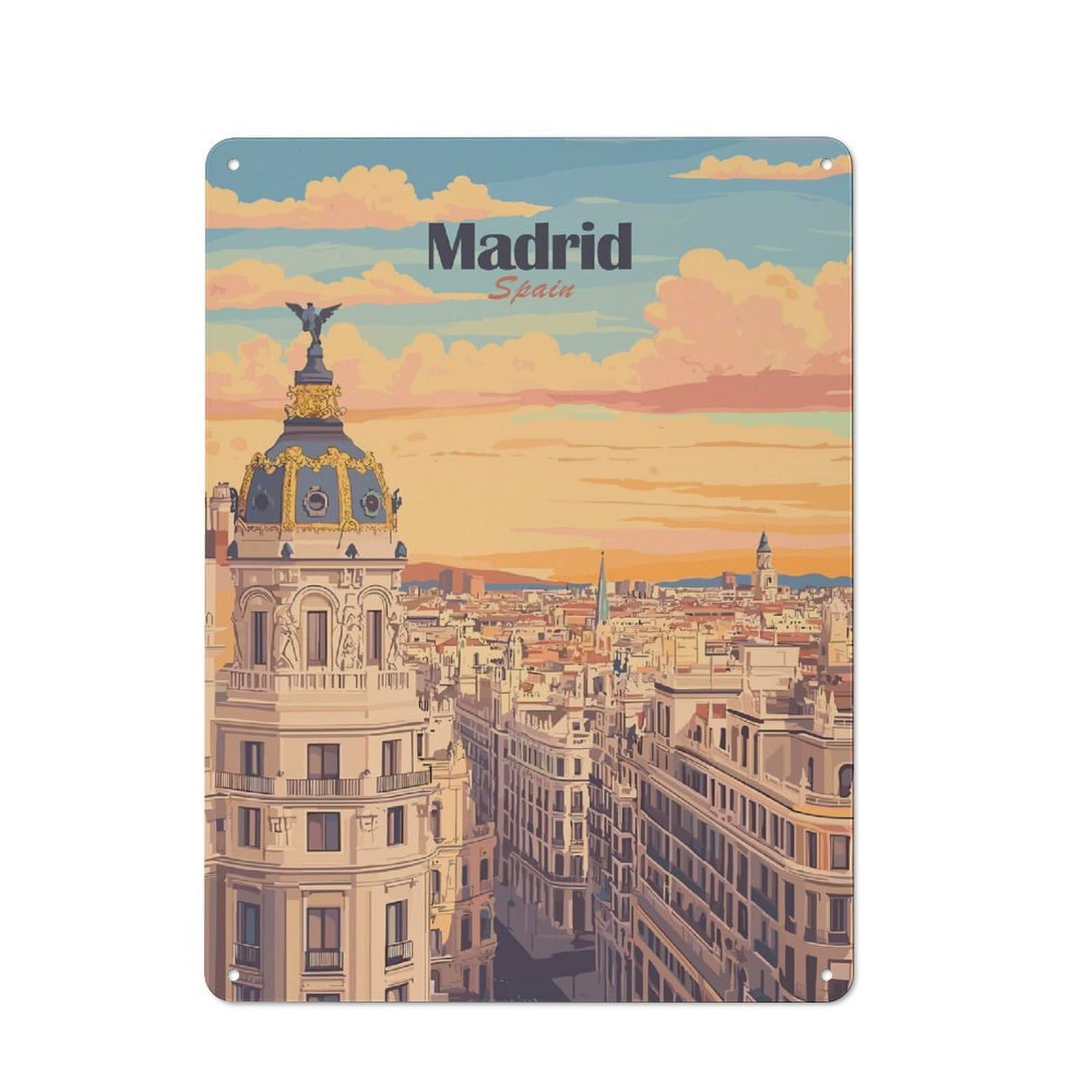 Junmoney Style-7 Madrid, Spain Cityscape Illustration Distressed Look Metal Wall Decor 40X30cm, Vintage Tin Sign For Living Room, Hallway, Kitchen Or Cafe