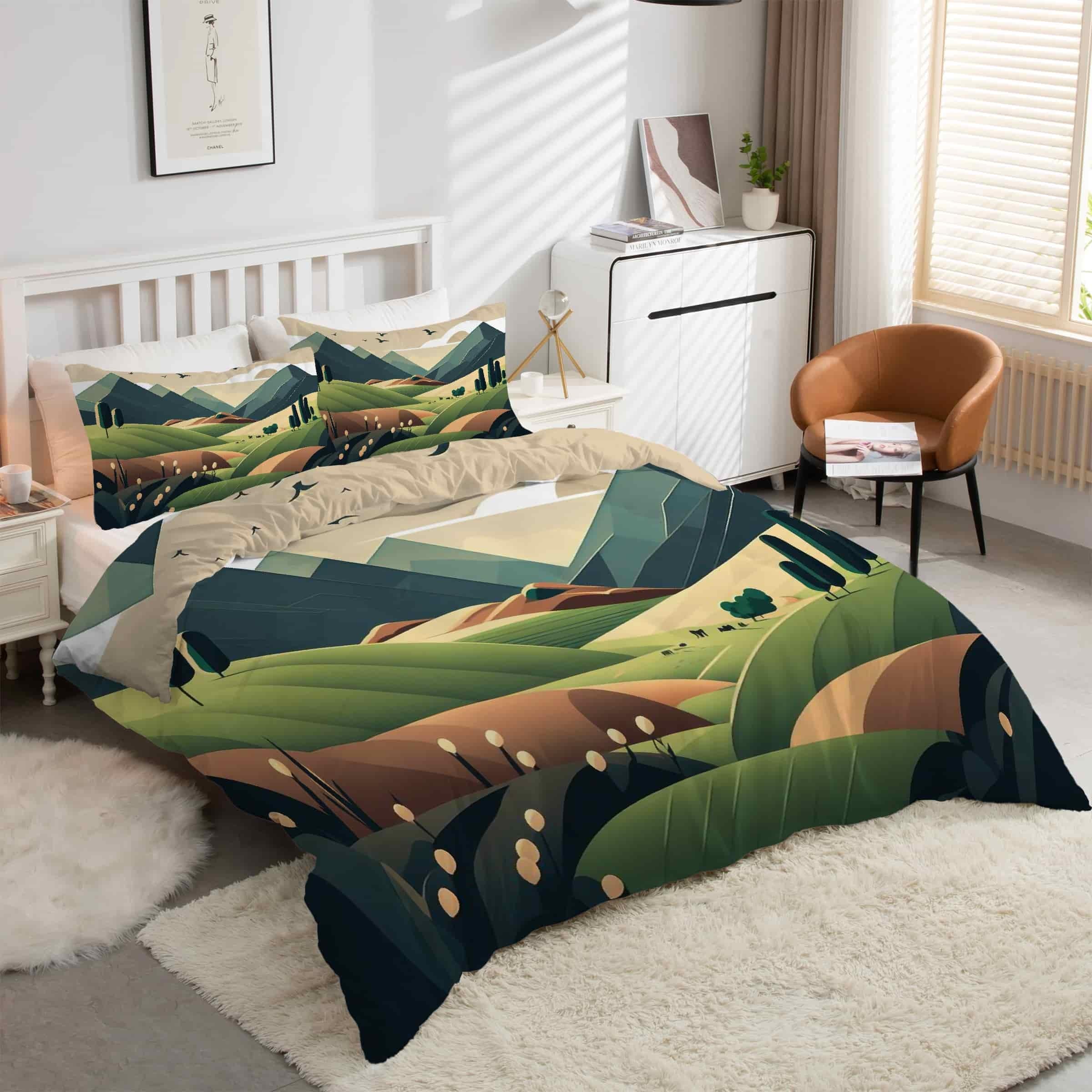 Housse couette campagne forêt montagneuse pour ambiance chalet cosy