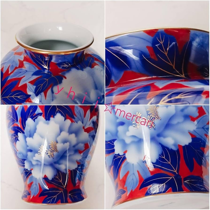 【稀少・廃盤】宮内庁御用達 有田焼 赤地 瑠璃 染錦 牡丹 金彩 花生 壺 特大花瓶 有田焼 深川製磁 瑠璃牡丹ルリ金彩 宮内庁御用達 花生 14号