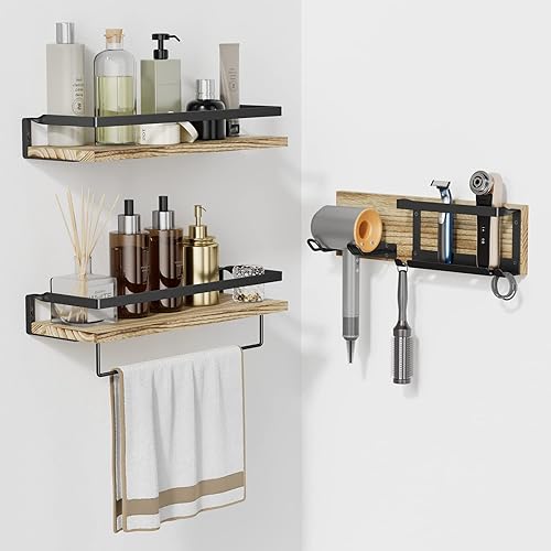AMADA HOMEFURNISHING AMFS01-1 - Juego de 3 estantes flotantes con ganchos resistentes y toallero, estantes de pared de madera de Paulownia para