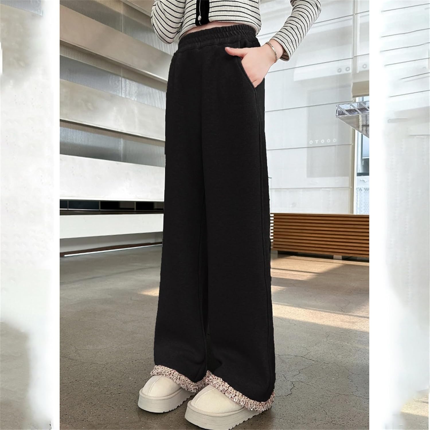 Girls Fleece Sweatpants Lace Bottom Baggy Wide Leg Warm Sport Pants Teen Kids Winter Thick Joggers Trousers with Pockets