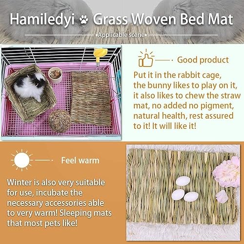 Miniatura 24 de Alfombrilla de césped tejida para animales pequeños, 5 tapetes de hierba, ropa de cama de conejo, nido, juguete para masticar, juguete para jugar