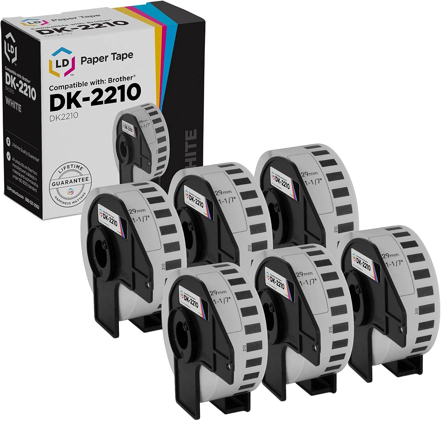 LD © Compatible Brother DK-2210 6 Rolls of White Label Tape / 1.1 in x 100 ft