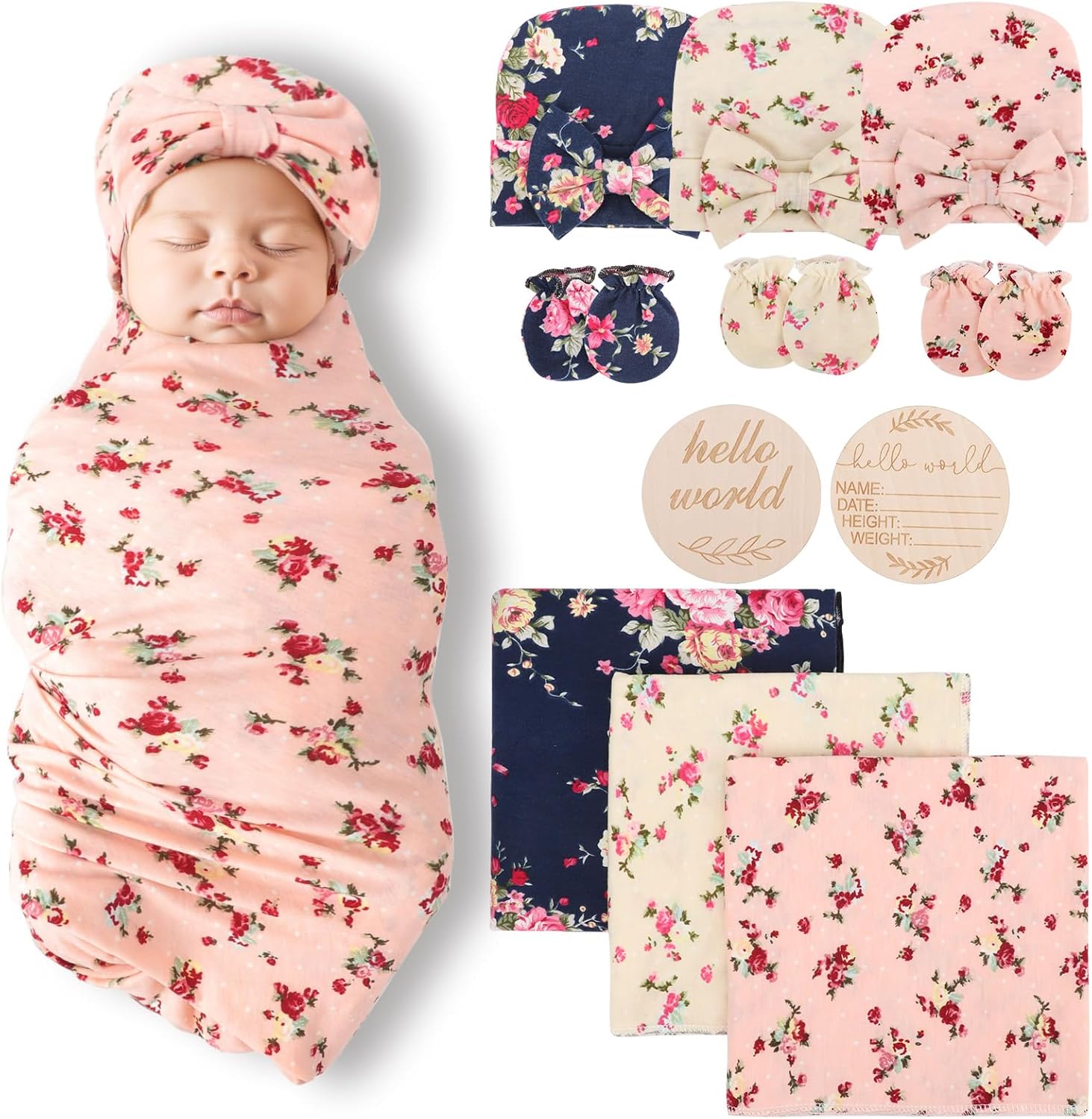 AQOKKA Newborn Receiving Blanket with Bow Hat Mittens Set Nursery Swaddle Wrap Toddler Swaddles for Newborn Baby Boy Girl