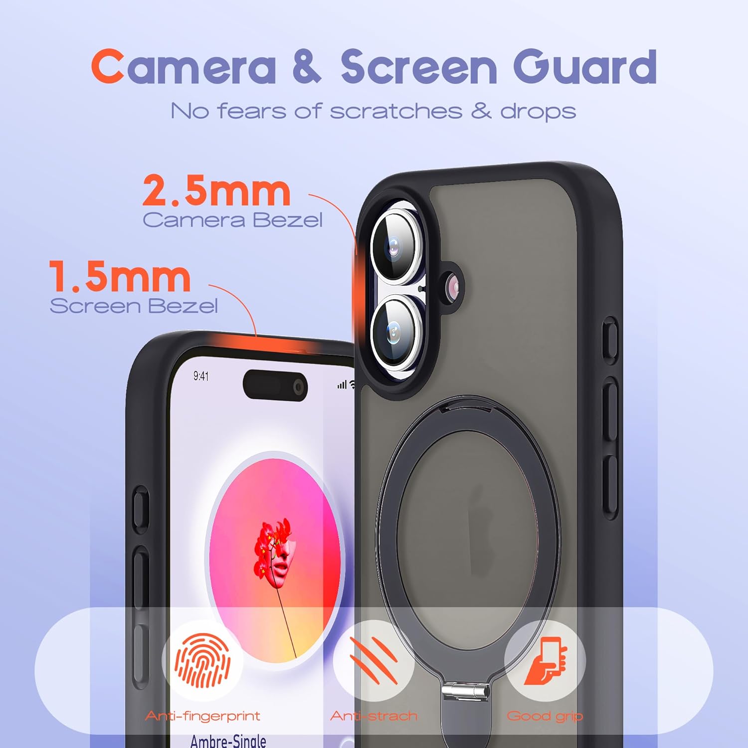 Designed for iPhone 16 Case with Magnetic Ring Stand [Compatible with Mag-Safe] [Military Drop Protection] Shockproof Translucent Phone Cover 6.1" for Women Men,Black