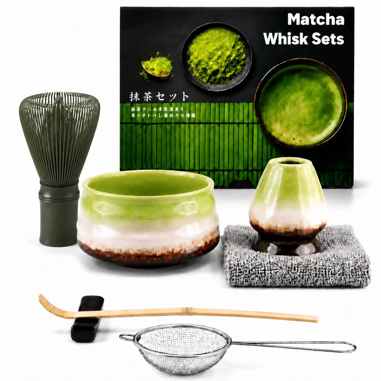 Muexoee 7 Pcs Matcha Set,Matcha Tea for Making Breakfast/Latte,Whisk Set and Bowl with All Accessories,Authentic Tea Ceremony,Kiln-Changed Green Bowl, Stirrer Green — image 1
