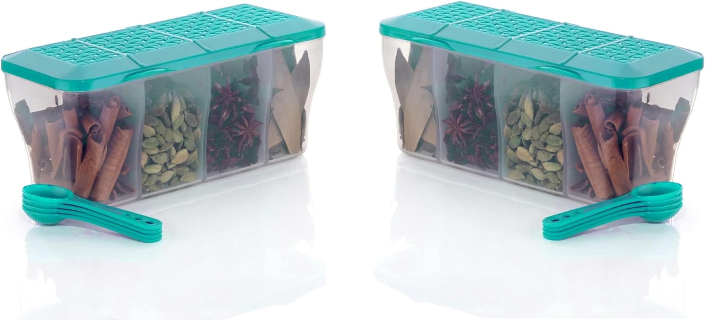 XMART INDIA Multipurpose Plastic 4 in 1 Masala Box for Kitchen, Spice Boxes for Kitchen,4 Compartment Storage Containers Grocery,Cereal,Dry Fruits Dabba 1800 Ml with 4 Spoons(2 Pcs, Pista)