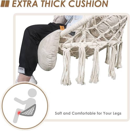 Miniatura 8 de Silla hamaca con cojín, silla columpio de macramé hecha a mano con kits de accesorios para colgar, estilo bohemio, silla colgante de cuerda de