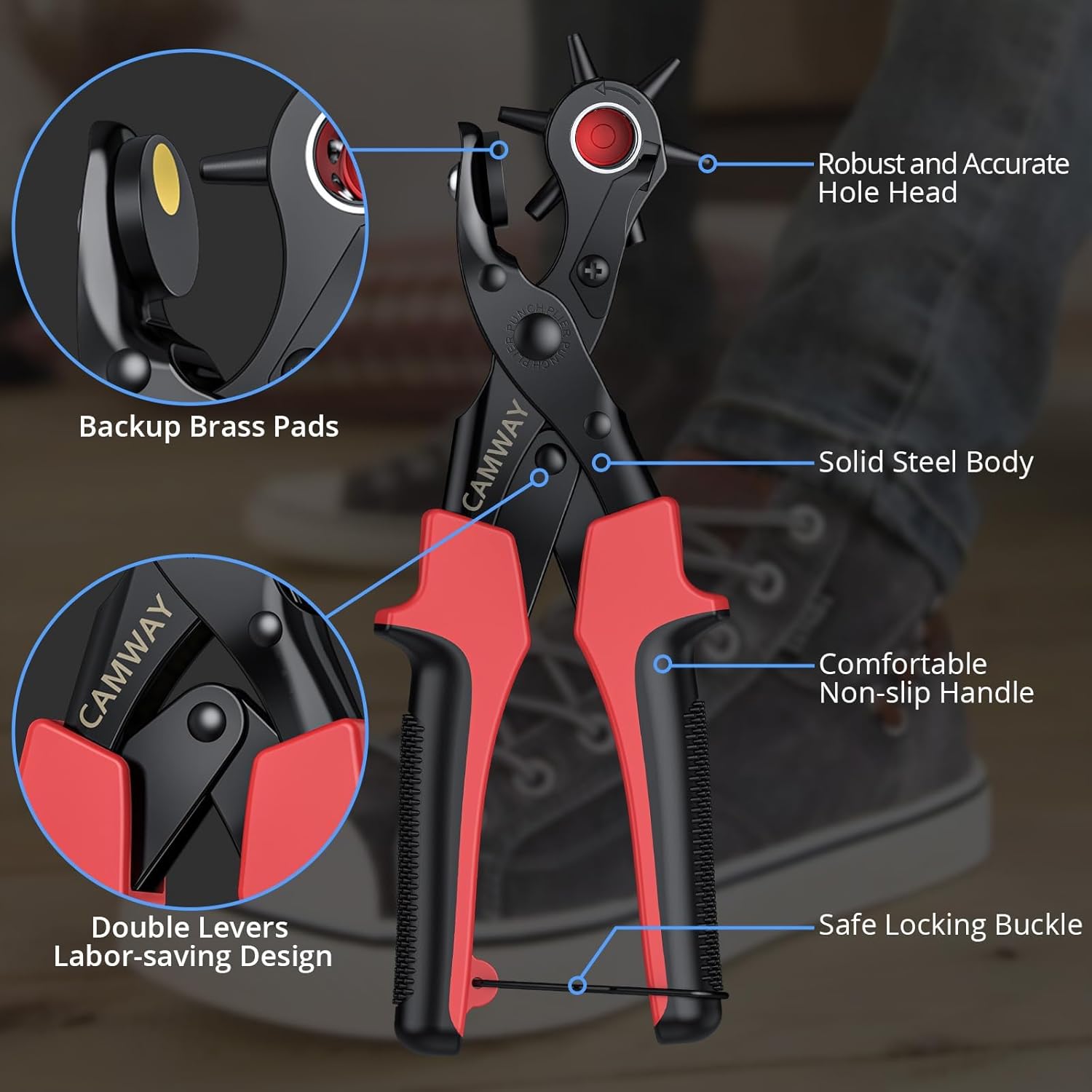 CAMWAY Leather Hole Punch,6Size Revolving Punch Plier Kit Leather Punches Belt Hole Puncher + 240 Set Leather Rivets Double Cap Rivet Hole Puncher for Crafting,Dog Collars,Shoes,Fabric,Paper DIY