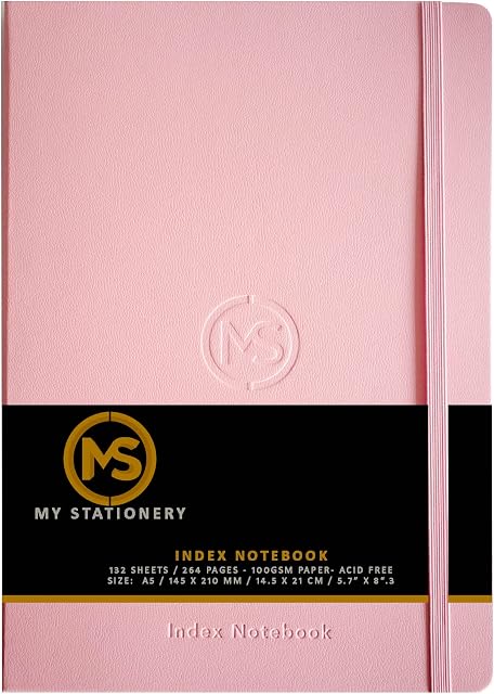 A5 Index Notebook Hardback Leatherette Cover 8mm Ruled Margin A-Z Tabs 264 Pages 100 GSM White Paper - Blush Pink Cover