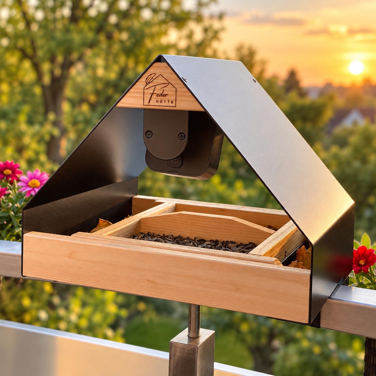 Design Vogelfutterhaus aus Aluminium mit entnehmbarer Futterschale inkl. Klettverschluss fürs Balkongeländer und Seil zum Aufhängen