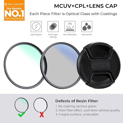 Miniatura 2 de K&F Concept Kit de filtros de tapa de lente CPL UV de 2.441 in, protección de lente MCUV, filtro polarizador circular, cubierta de lente, kit de