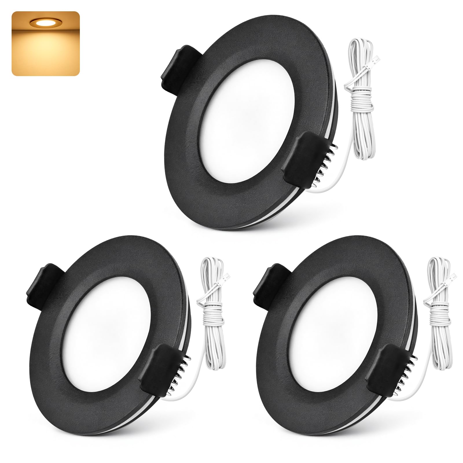 GeyouLux 3er Set LED Einbaustrahler 12V–24V DC, 3W 300lm, 3000K Warmweiß, IP44, 60mm lochmaß, dimmbar, flach Möbeleinbauleuchte LED Spot 12V DC mit 2M Kabel für Bad Küche Wohnmobil, Aluminium, Schwarz