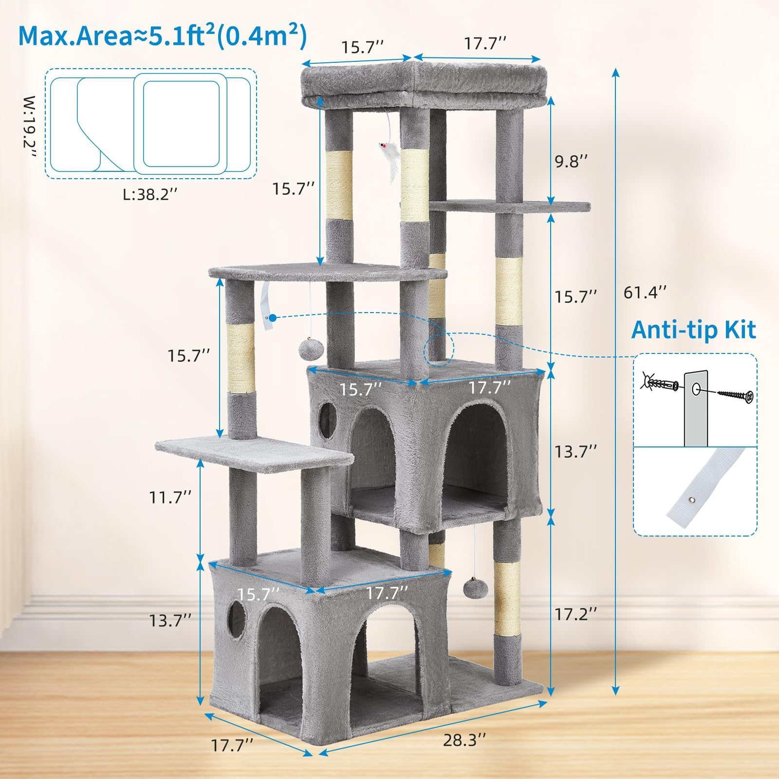 Árbol rascador de 156 cm, torre de escalada de varios pisos con 2 grandes cuevas para gatos, gran espacio de descanso superior, bolas de peluche extraíbles y kit antipuntas, área de actividad estable