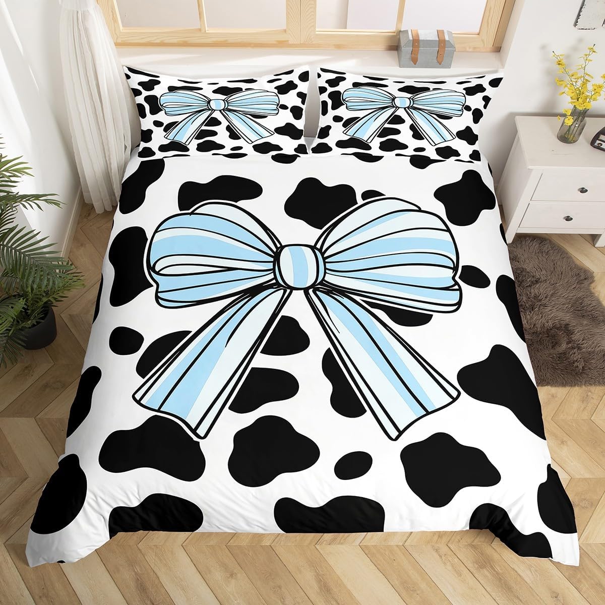 Erosebridal Cartoon Sheep Duvet Cover, Black Bowknot Toddler Bedding Sets for Kids Girls Bow Tie Bed Cover, Lovely Butterfly Knot Bed Set 2 Pieces for Bedroom Decor, Black Pink White