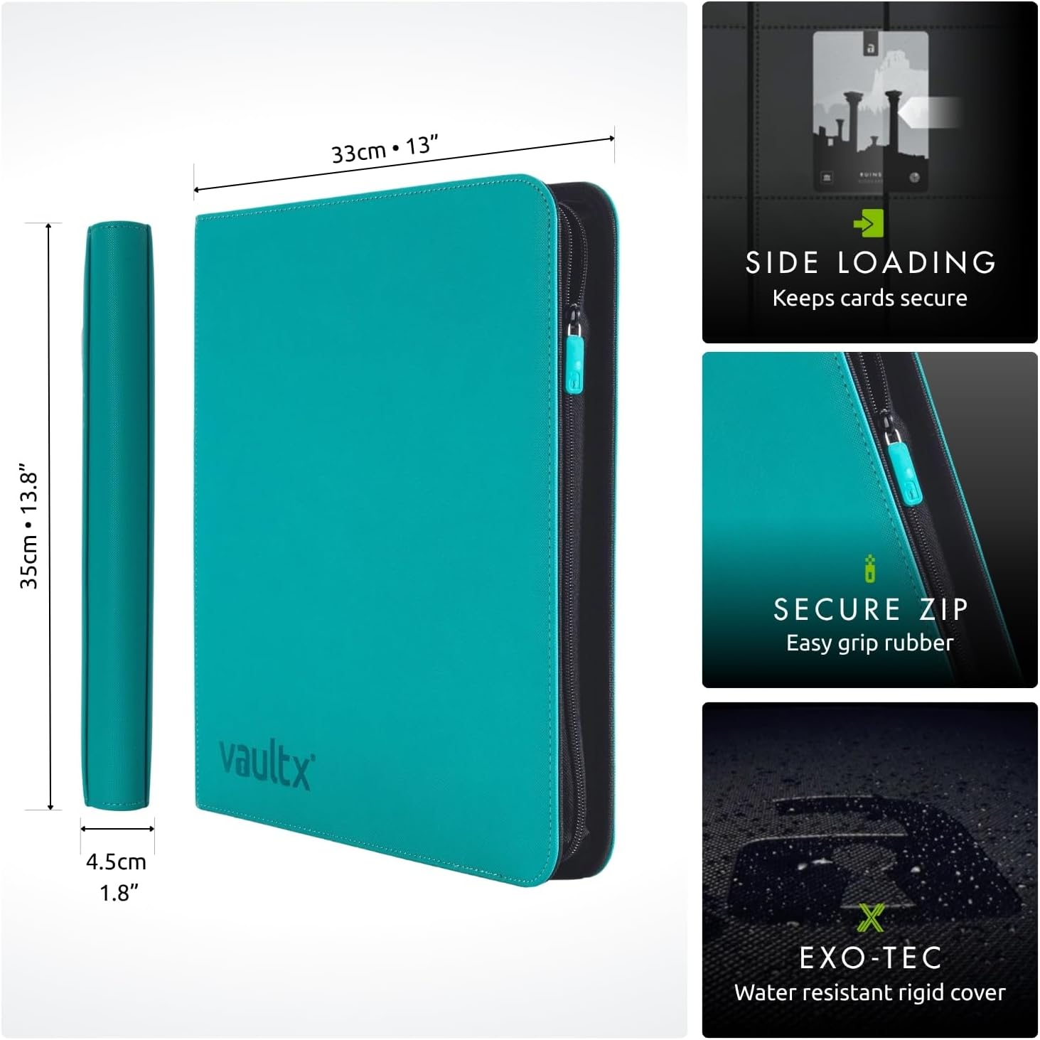 Vault X 12 XL Pocket Trading Card Zip Binder, 624 Cards, Premium Exo-Tec Album Material, 26 Side-Loading Pages, Folder, Sports, TCG (Teal)