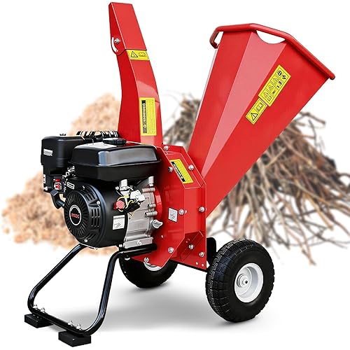 Wood Chipper Shredder Mulcher, 7 HP 212CC Gas-Powered Heavy Duty Garden Chipper, 3-Blade Disc Cutter, 15:1 Reduction Ratio for Branches Twigs, Ideal for Orchard Yard Farm Courtyard