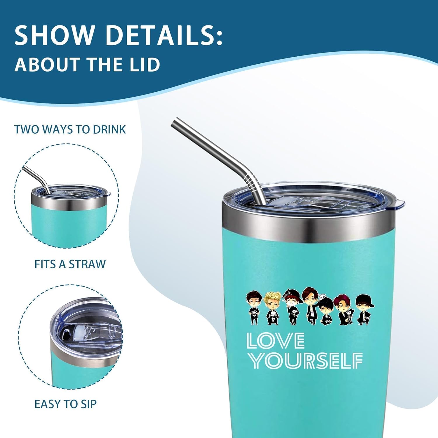 Love Yourself Inspiring Gift for Music Fans,20 Oz Insulated Stainless Steel Iced Coffee Tumbler with Lid Straw and Brush,Funny Travel Coffee Mug Cup Water Bottle,Birthday Gifts for Women Music Lover - Image 5