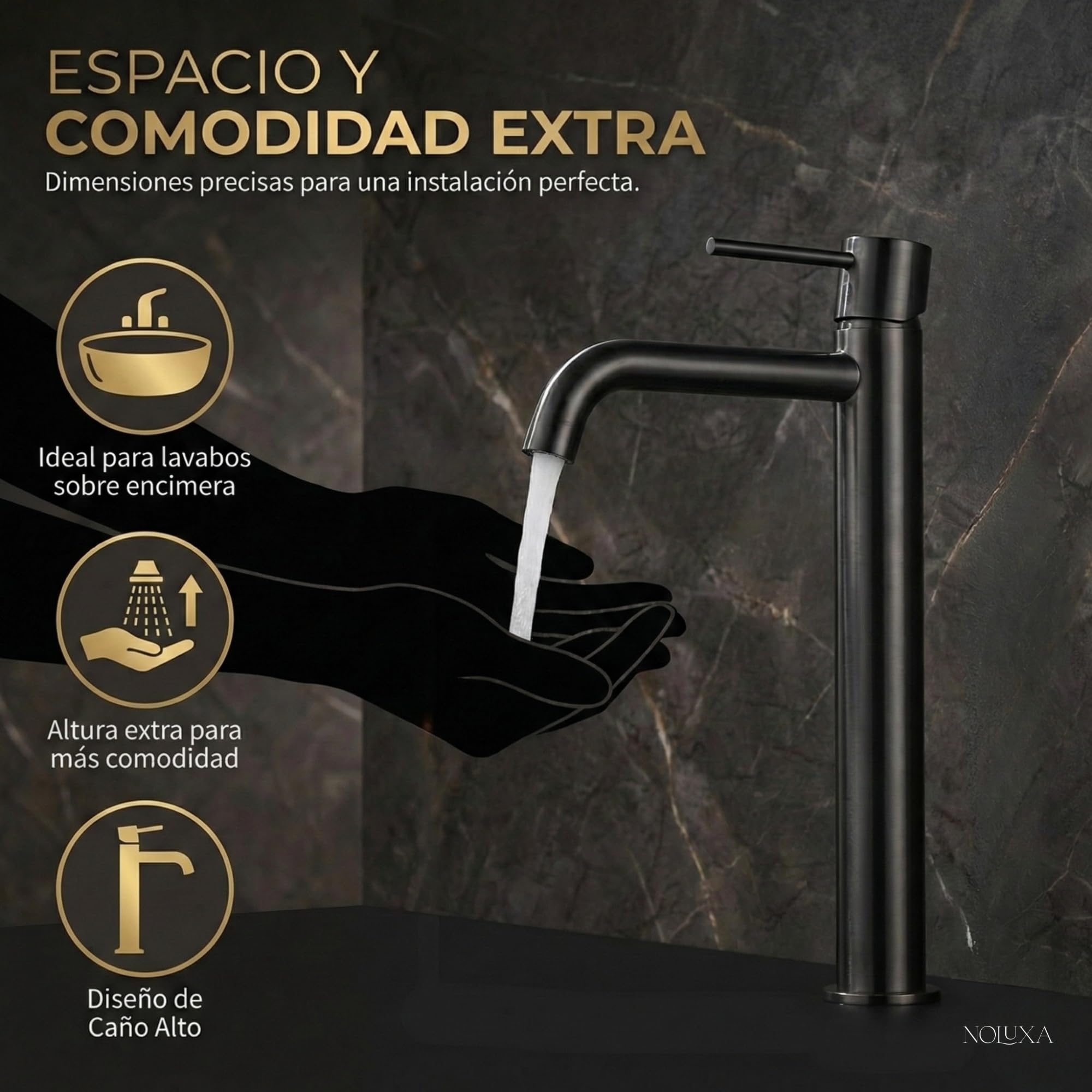 IMEX - Robinet Lavabo Noir Bec Haut | Robinet Salle de Bain Mitigeur Eau Froide et Chaude | Robinetterie Monocommande Effet Cascade avec Bec en Laiton et Économie D'Eau | Série Monza