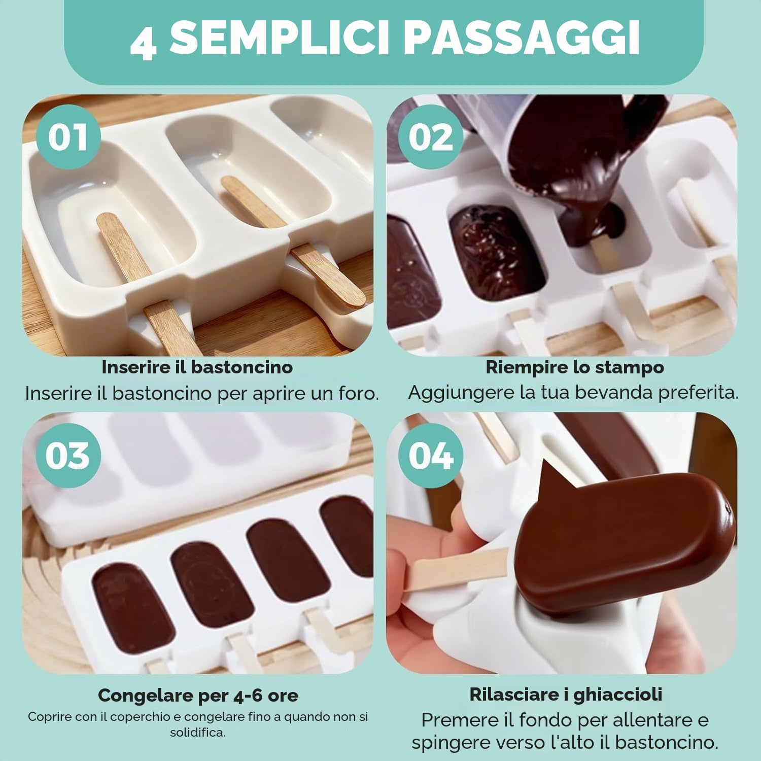 Stampi per Ghiaccioli in Silicone 2 Set con 100 Bastoncini e Coperchio, Formine Ghiaccioli senza BPA, Grande