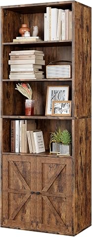 Librería Alta con Puertas de Estilo Granero, Estantería Rústica con 4 Niveles Abiertos y Armario, para Oficina, Estudio, Salón y Dormitorio, Color Vintage, 60x30x181cm