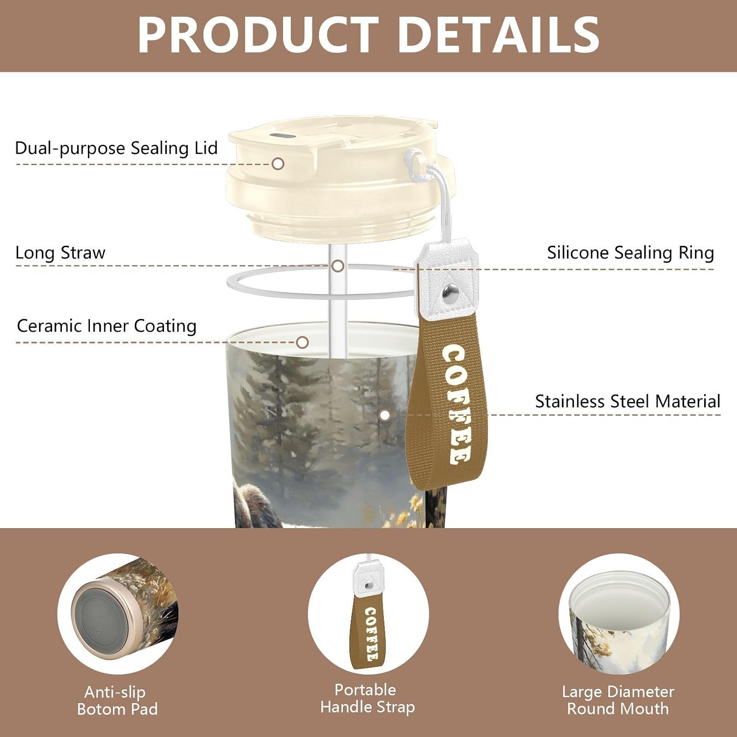Insulated Coffee Mug Bear Forest Vintage with Straw & Flip Lid, 16.9oz Iced Tumbler Cup, Double Wall Vacuum Mug for Travel Office Camping