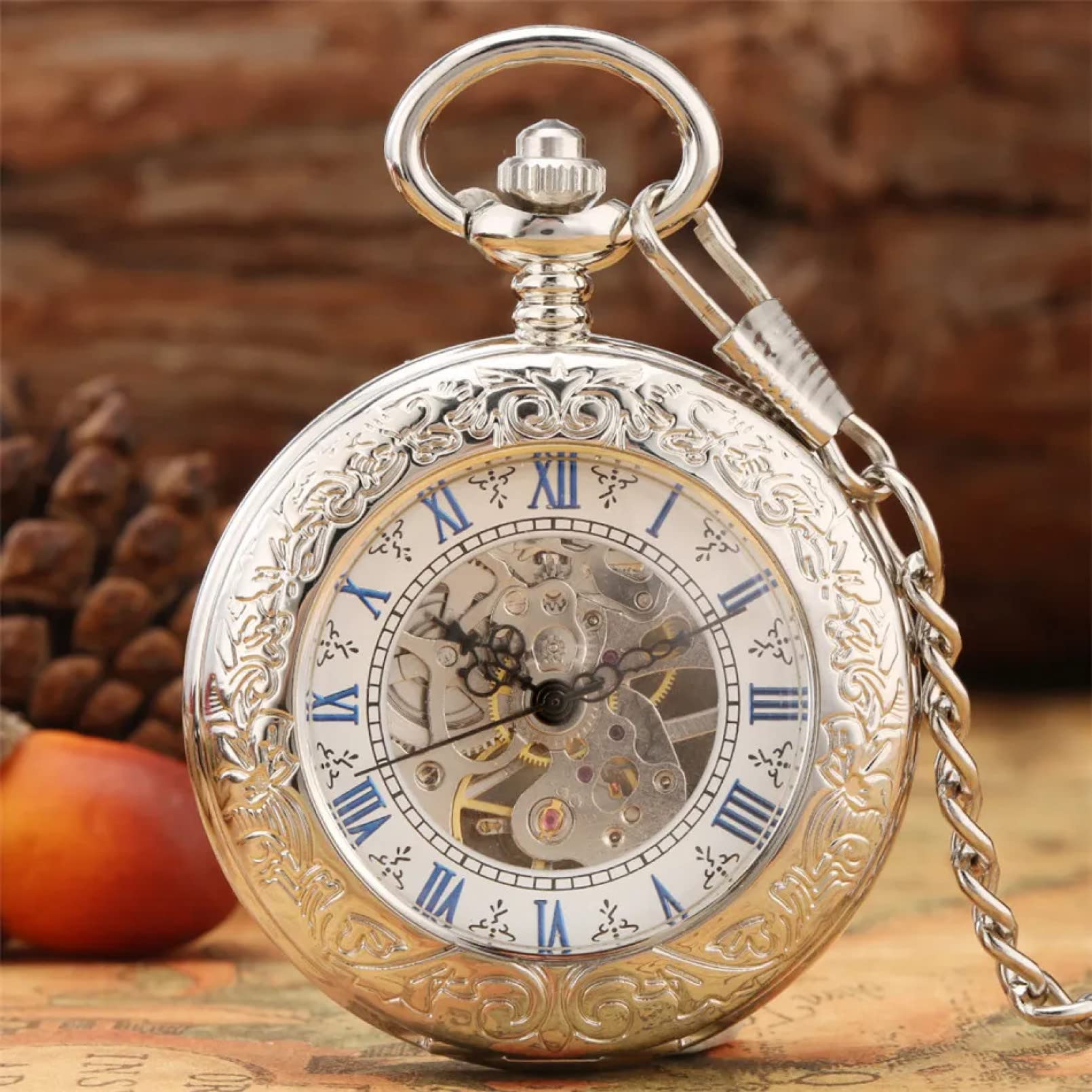 Silber Mechanischer Zeiger Aufzug Antike Taschenuhr Blaue Römische Ziffern Anzeige Skelett Anhänger Uhr