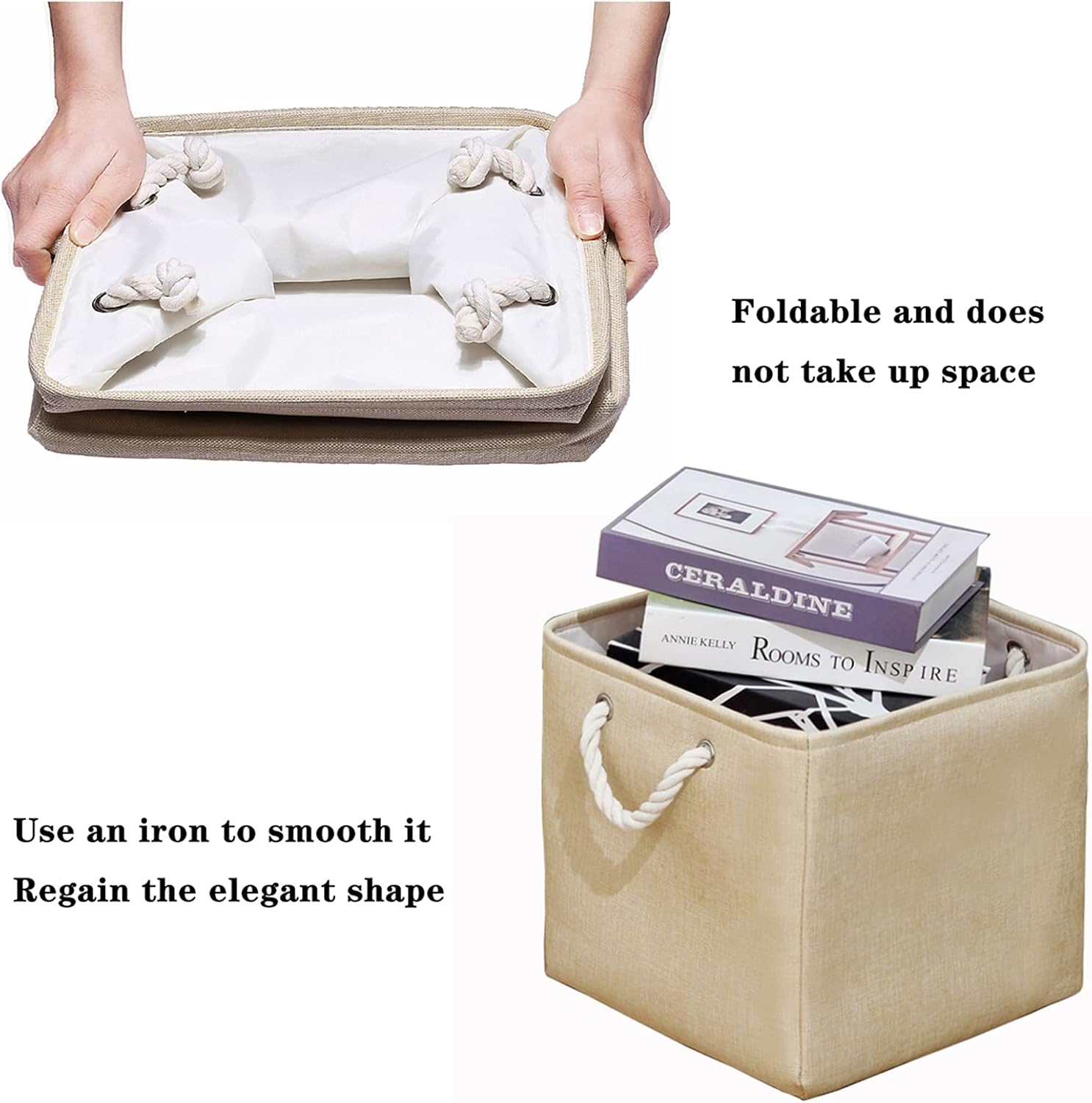 Large Foldable Storage Bin 13" X 13" Storage Baske Organizer Basket Shelf Cube with Sturdy Cotton Carry Handles for Baby Nursery Closet Shelves Organization (Beige, Set of 3)
