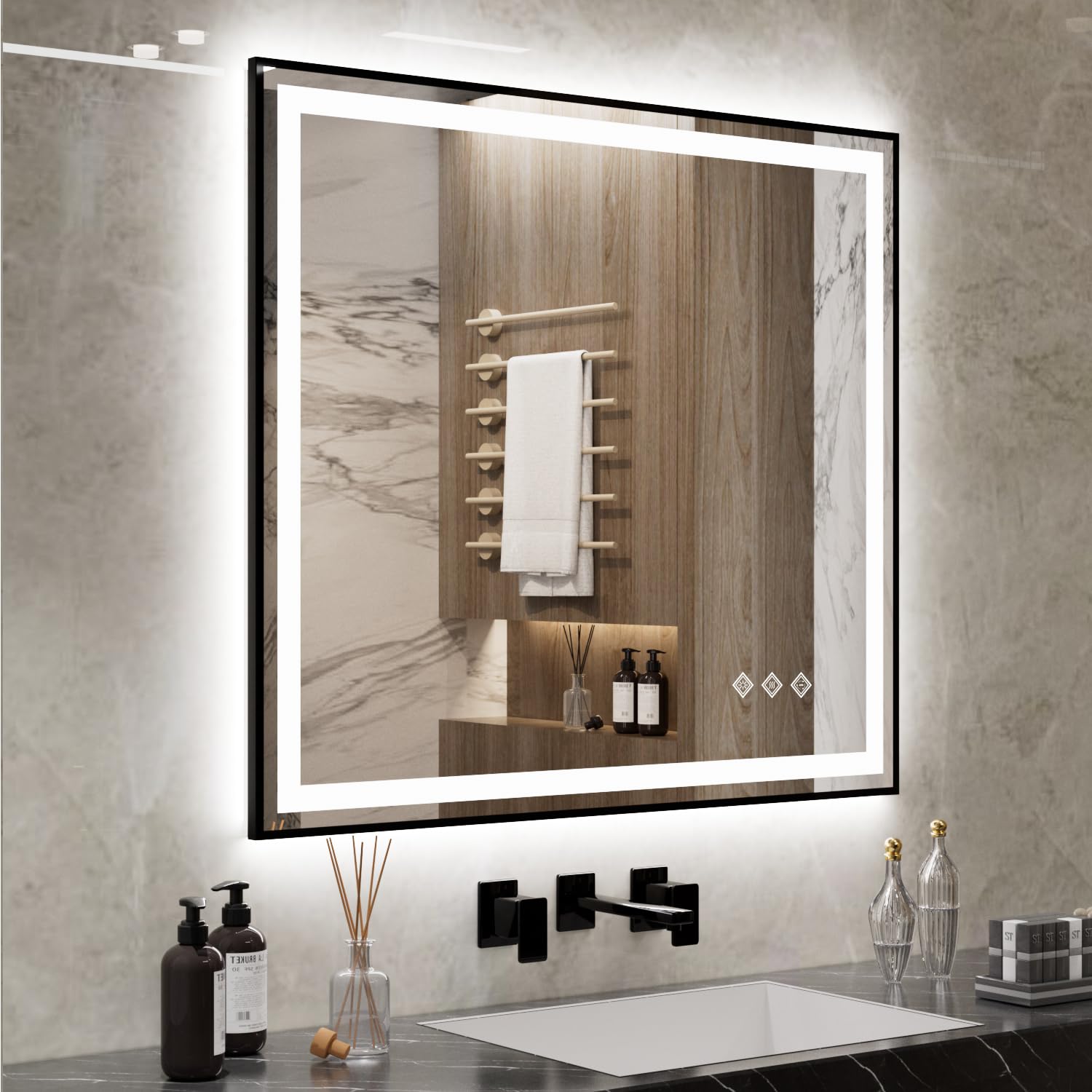 LED Vanity Mirror, 40x36 Inch Black Framed Gradient Front and Backlit Bathroom Vanity Mirror, 3 Colors Dimmable CRI>90, IP54 Enhanced Anti-Fog Wall Mounted LED Mirror