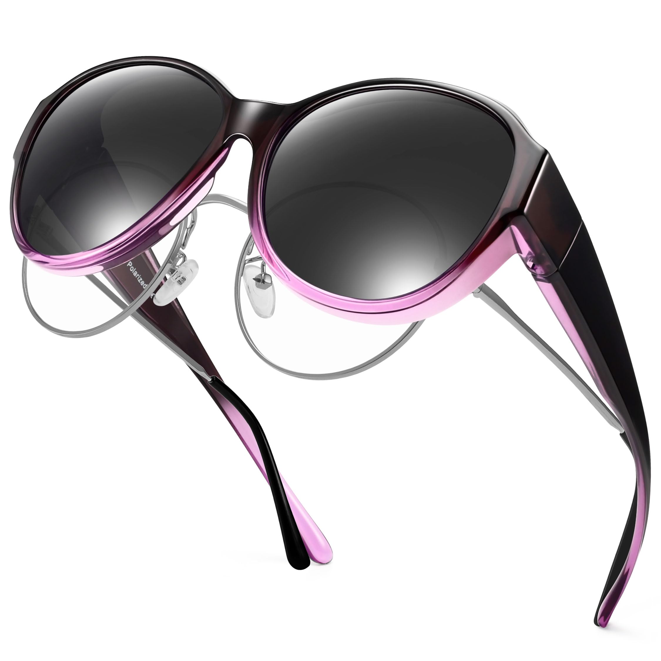 URUMQI Sonnenbrille für Brillenträger Damen Überzieh Sonnenbrille UV400 Schutz Blendschutz Polarisierte Fit over Brille Ultra Leicht Katzenauge Lila Rahmen