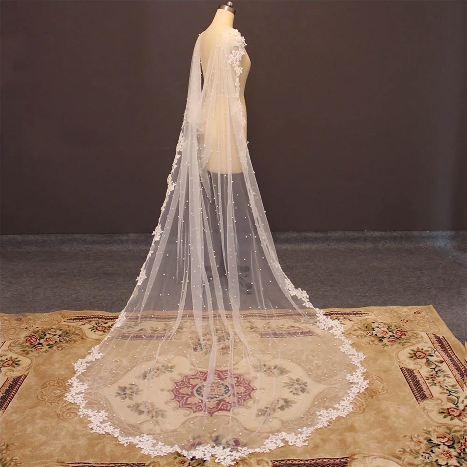 Chal Boda para Mujer Capa de Encaje Nupcial con Perlas: Chaqueta de Novia de 2,5 m con Ribete de Encaje, Color Blanco(300cm)
