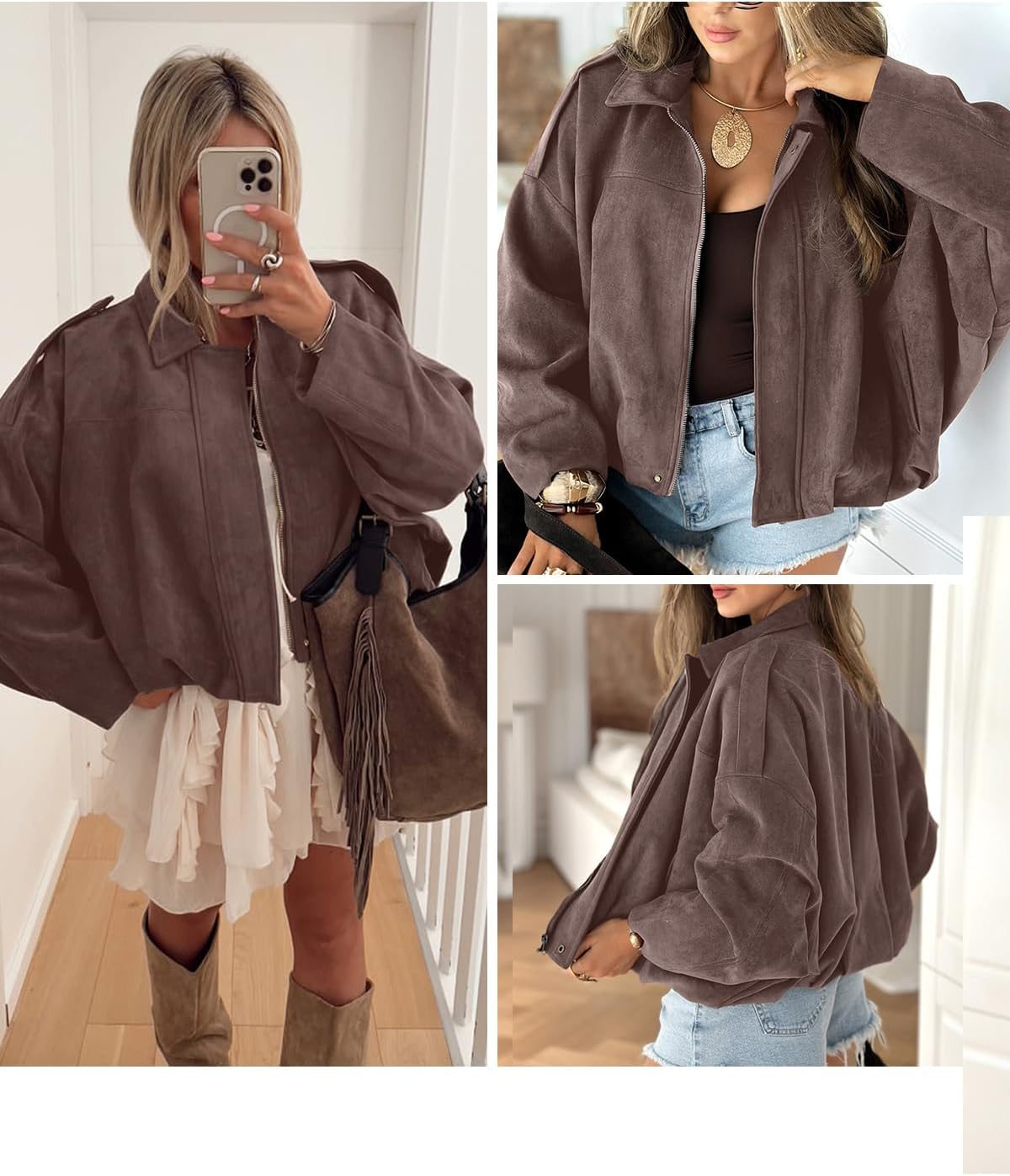 EVALESS Womens Faux Suede Bomber Jackets Long Sleeve Spring Coats Zip Up Cropped Jacket Trendy Outerwear with Pockets