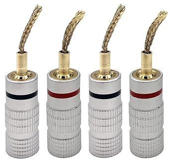 Wanty Speaker Banana Plugs, Gold Plated Soft Weaving Banana Plug 12 AWG - 18 AWG Gauge Size 4mm for Speaker Wire, Home Theater, Amplifier/Video Receiver and Sound Systems, 2 Pairs/4 Pcs