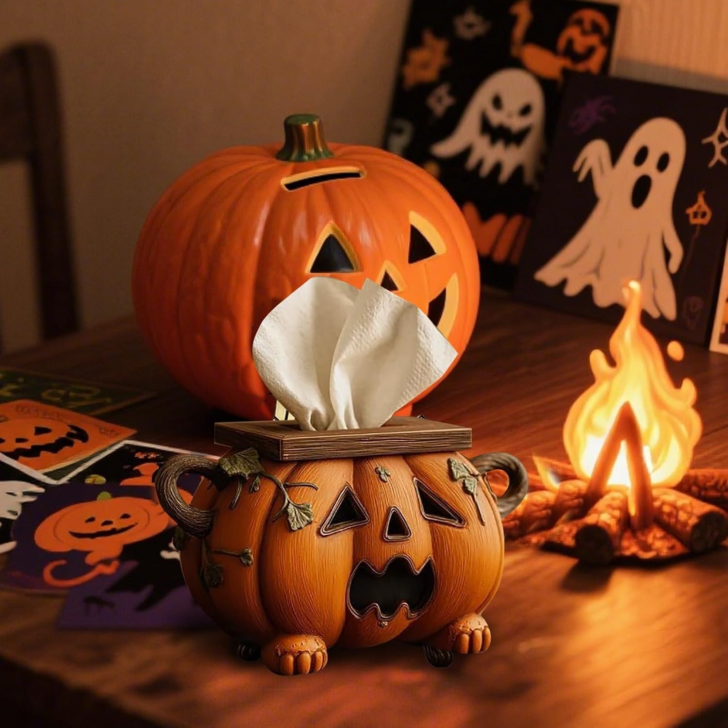 Halloween Pumpkin Tissue Box Holder, Spooky Pumpkin Tissue Box Cover Decor for Bathroom Kitchen Office, Cute Fall Decor with Facial Paper Organizer Function, Holiday Home Accessory (1)