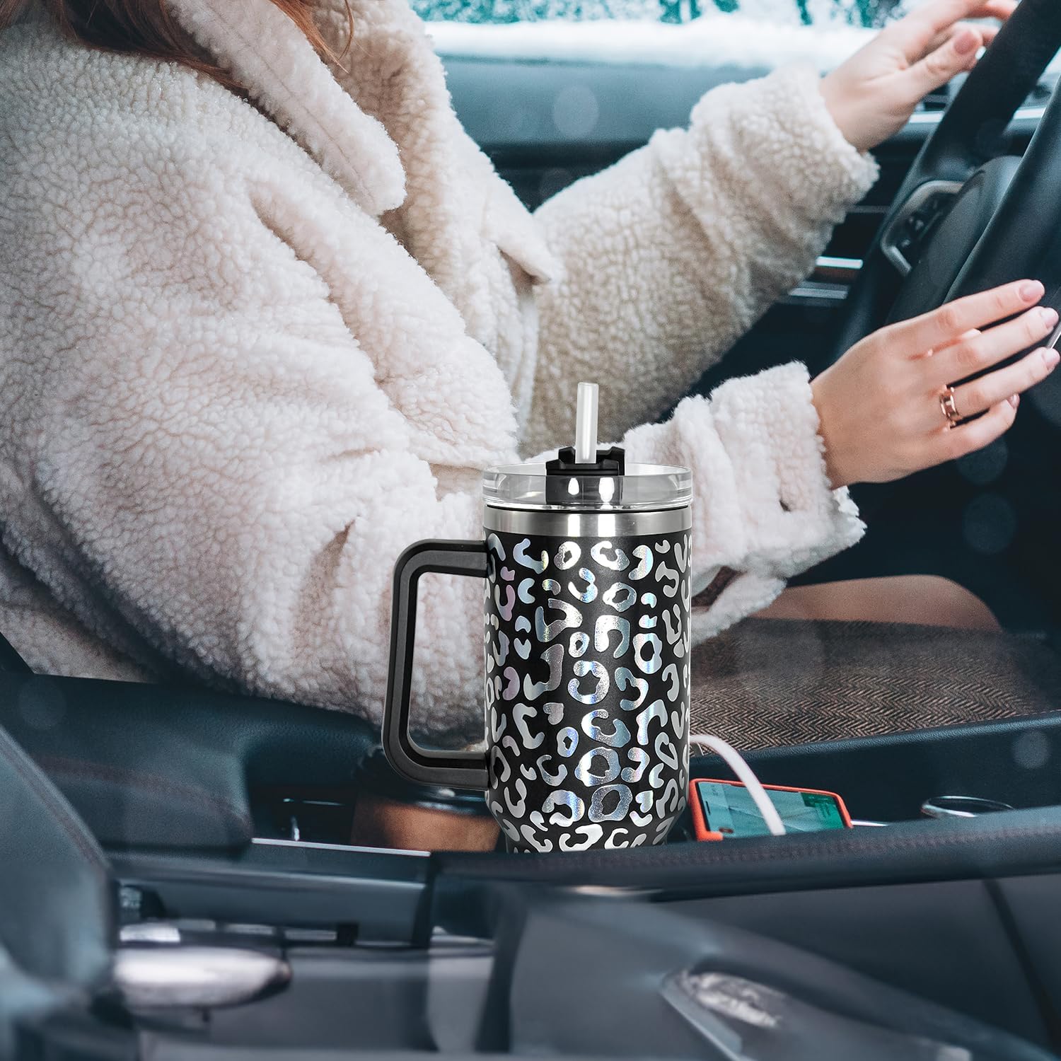 40 oz Tumbler with Handle and Straw, 100% Leak-Proof Travel Mug, Stainless Steel Double Wall Vacuum Insulated Coffee Cup Keeps Cold For 34 Hours, Dishwasher Safe, Black Leopard - Image 6