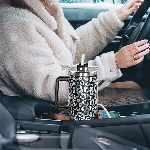 Miniatura 6 de Vaso de 40 onzas con asa y popote, taza de viaje 100% a prueba de fugas, acero inoxidable de doble pared aislada al vacío, mantiene el frío durante