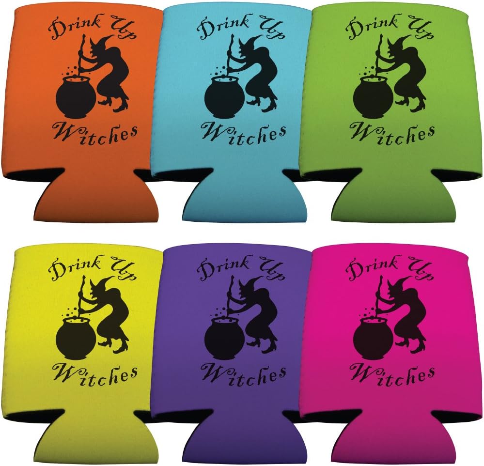 VictoryStore Halloween Can Coolers – “Drink Up Witches” Set of 6 – Fun & Spooky Foldable Beverage Sleeves for 12–16 oz Cans and Bottles – Reusable Insulated Drink Coolies – Made in USA