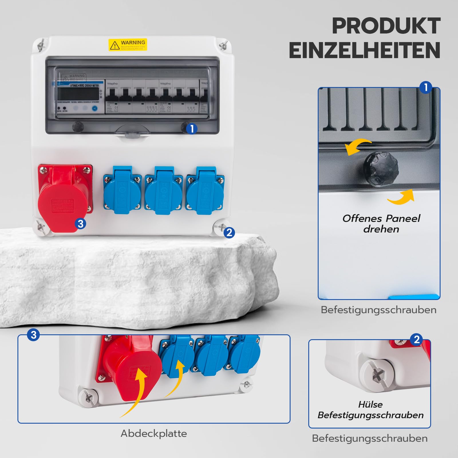 Distributore di corrente da costruzione con contatore di corrente, 3 fasi, 40 A, 230 V, con presa CEE 16 A, distributore di corrente per cantieri, industria, giardini (40 A 4P LS+40 A 1P LS+