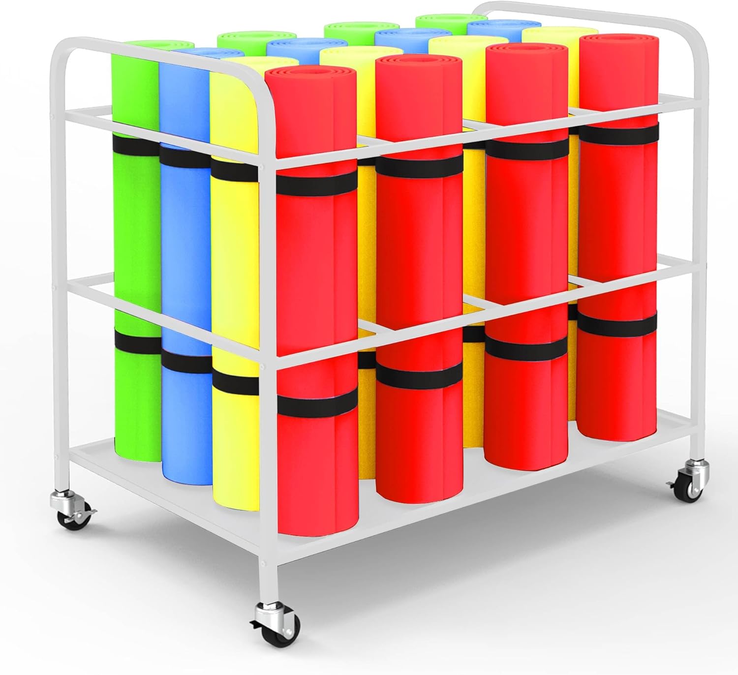 Large Yoga Mat Storage Rack Cart with Wheels, Metal Yoga Mat Holder Basket Home Gym Foam Rollers Organizer for Home Gym Yoga Studio 20 Exercise Mats
