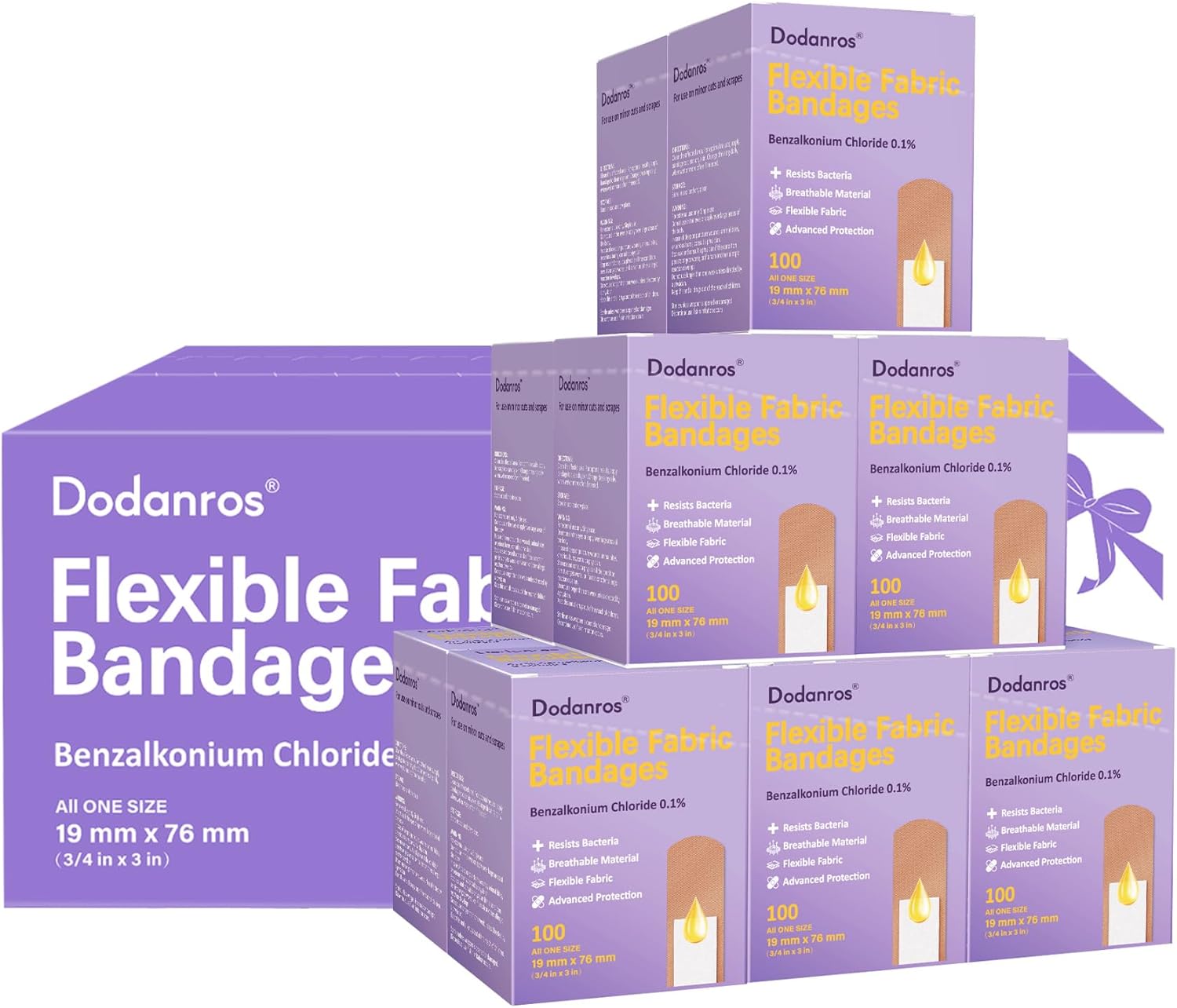 Bulk Case of 1200 PCS Flexible Fabric Bandages, 3/4" x 3",Individual 12 Box Packaging,Include 0.1%Benzalkonium,Sterile, Breathable | Use for School, Hospital, Businesses, and First Aid Kits.