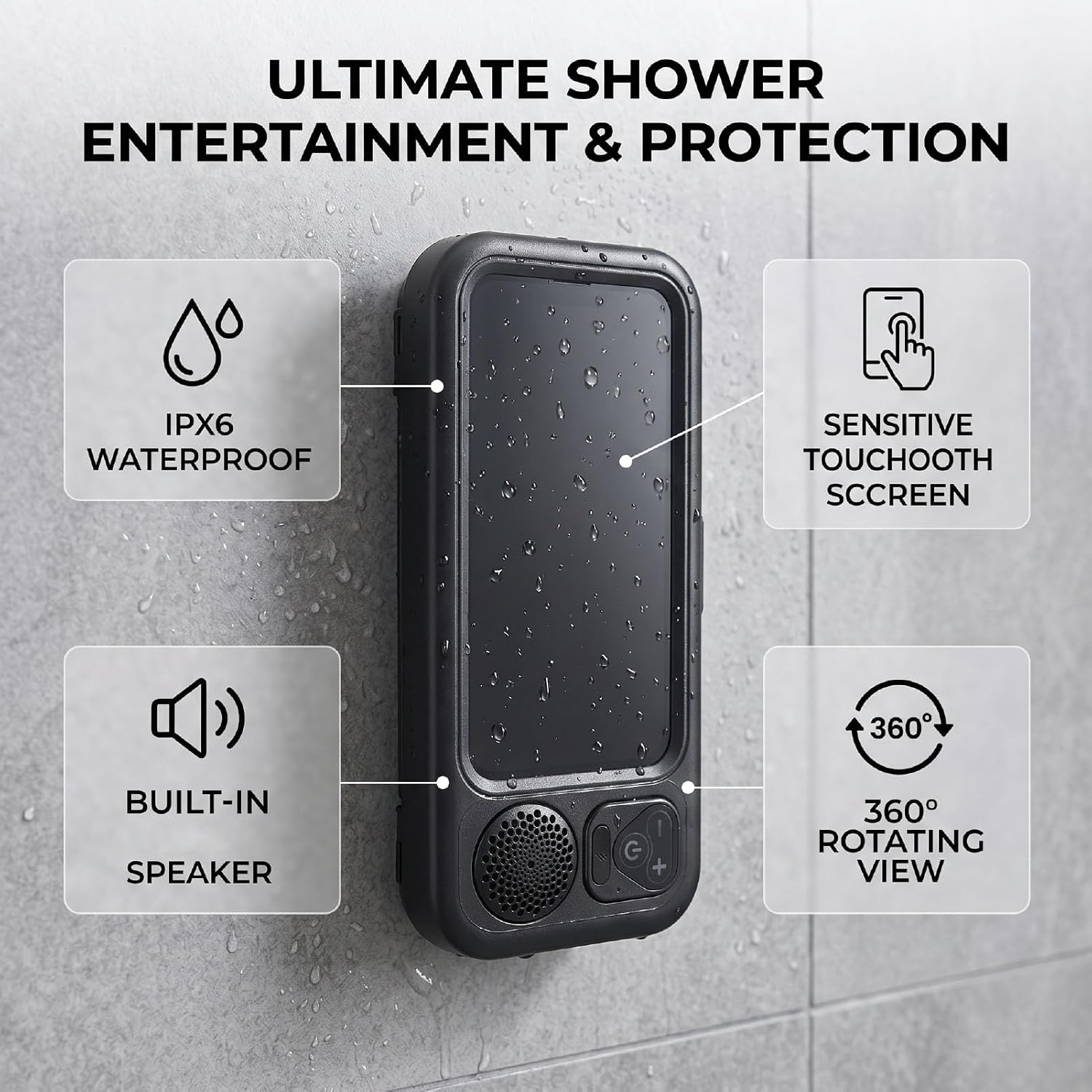 Tangxi Shower Phone Holder, IPX6 Water Proof, Angle Adjustable, Wall Mounted Phone Case Holder with Bluetooth Speaker, Anti Fog Sensitive Touch Screen (Black)