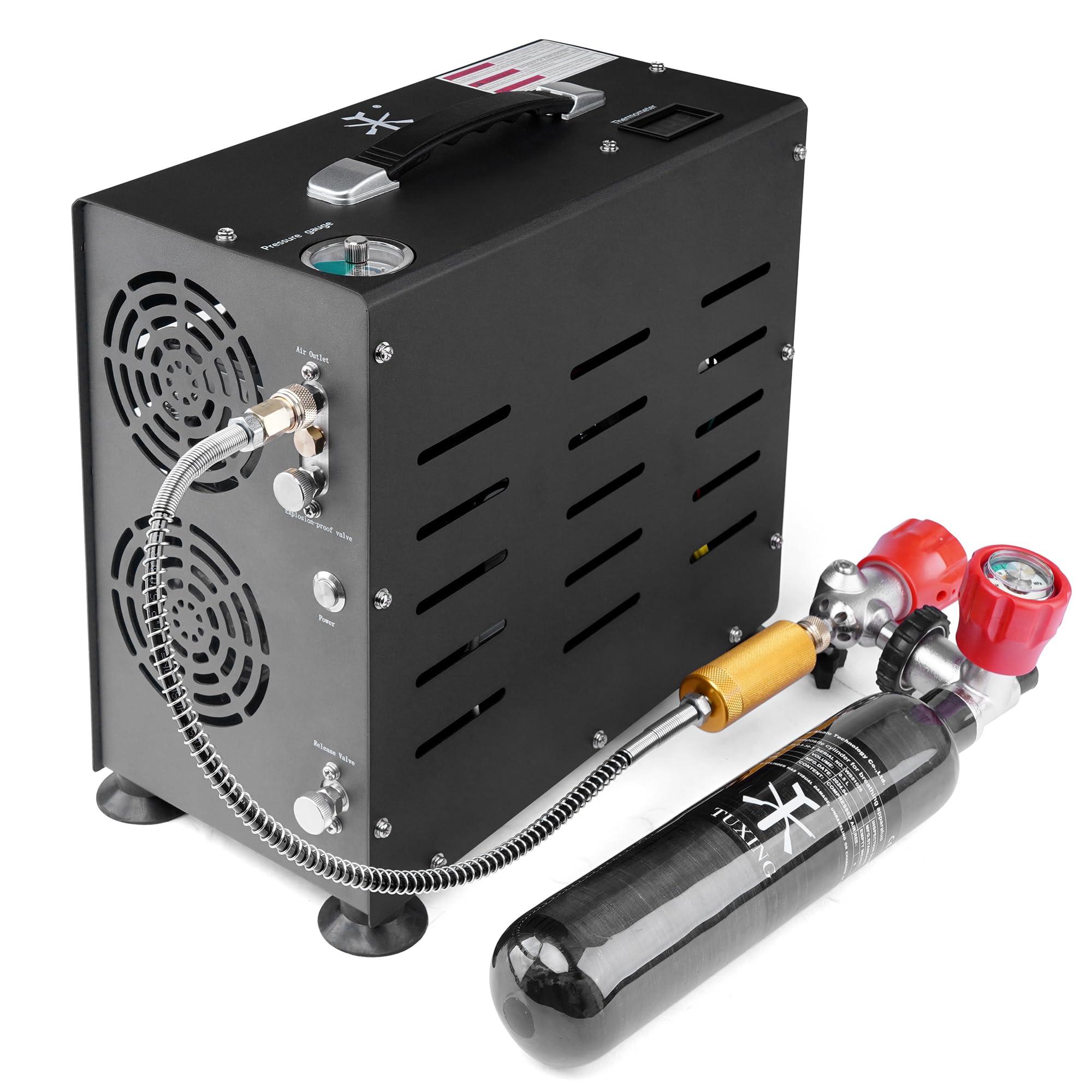 TUXING Compresor de aire PCP, 4500 PSI/30 MPa, compresor portátil de rifle de aire PCP de doble cilindro de 800 W, parada automática | Bomba compresora con sistema de refrigeración por ventilador