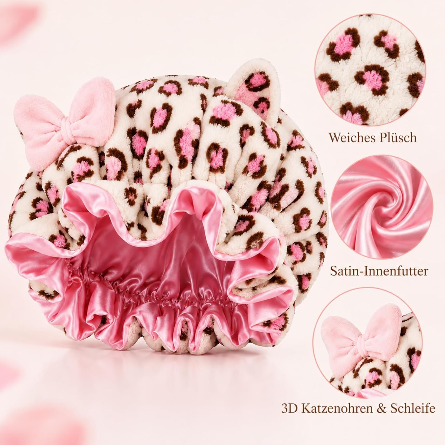 Satin Bonnet Hair Cap with Plush Trim, Cat Ears & Bow for Women image 3